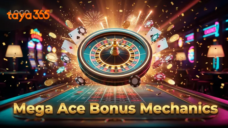 Radial burst of chips and cards highlights Mega Ace bonus mechanics.