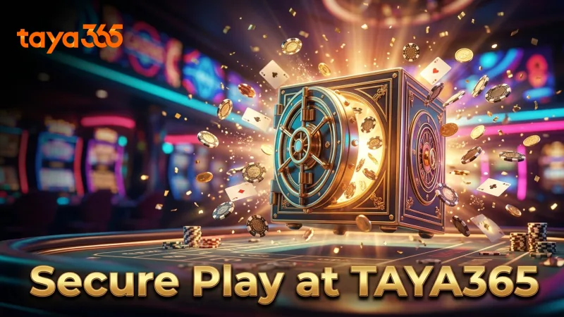 Neon-lit casino vault representing secure bonus round play on TAYA365.